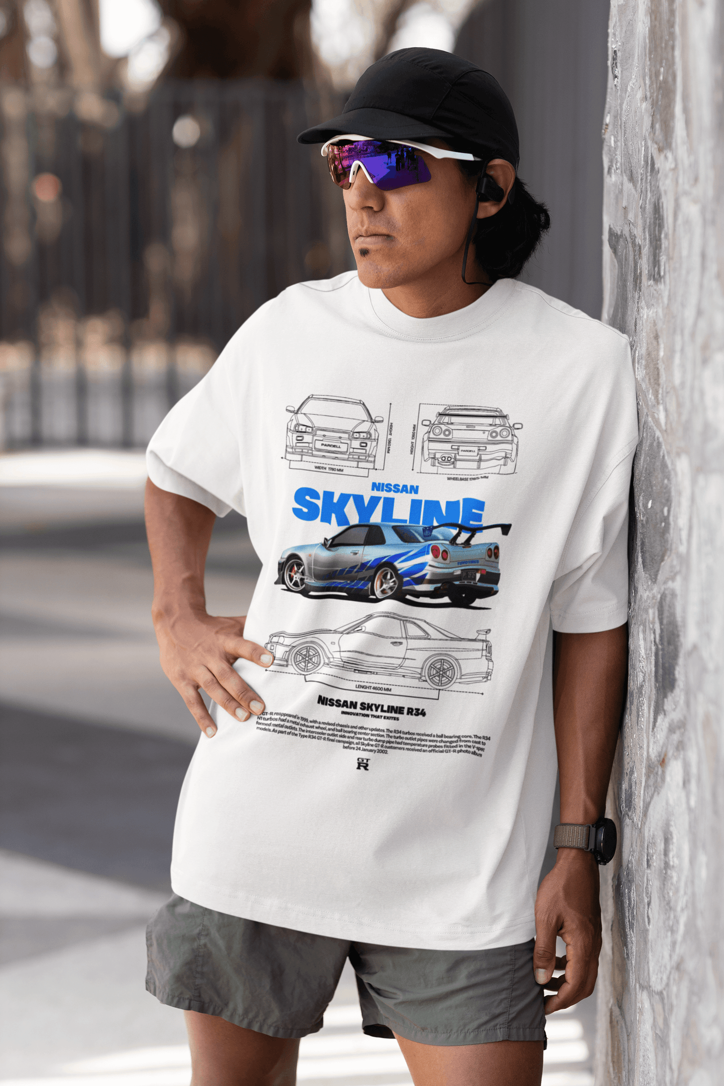 Nissan Skyline R34 Graphic T-Shirt — Blue Stripes Blueprint JDM Style