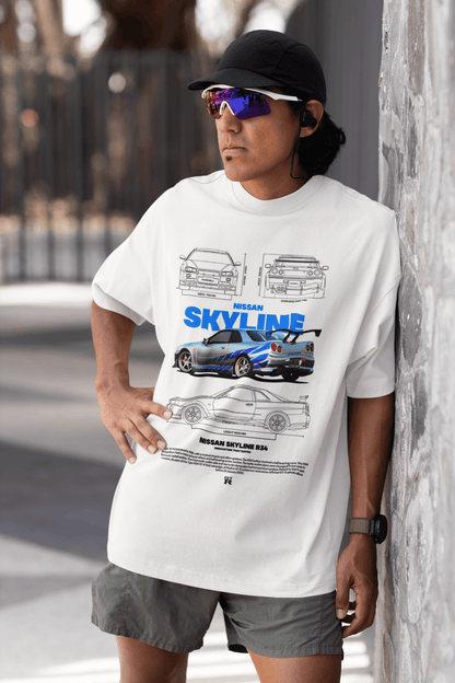 Nissan Skyline R34 Graphic T-Shirt — Blue Stripes Blueprint JDM Style