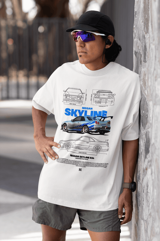 Nissan Skyline R34 Graphic T-Shirt — Blue Stripes Blueprint JDM Style