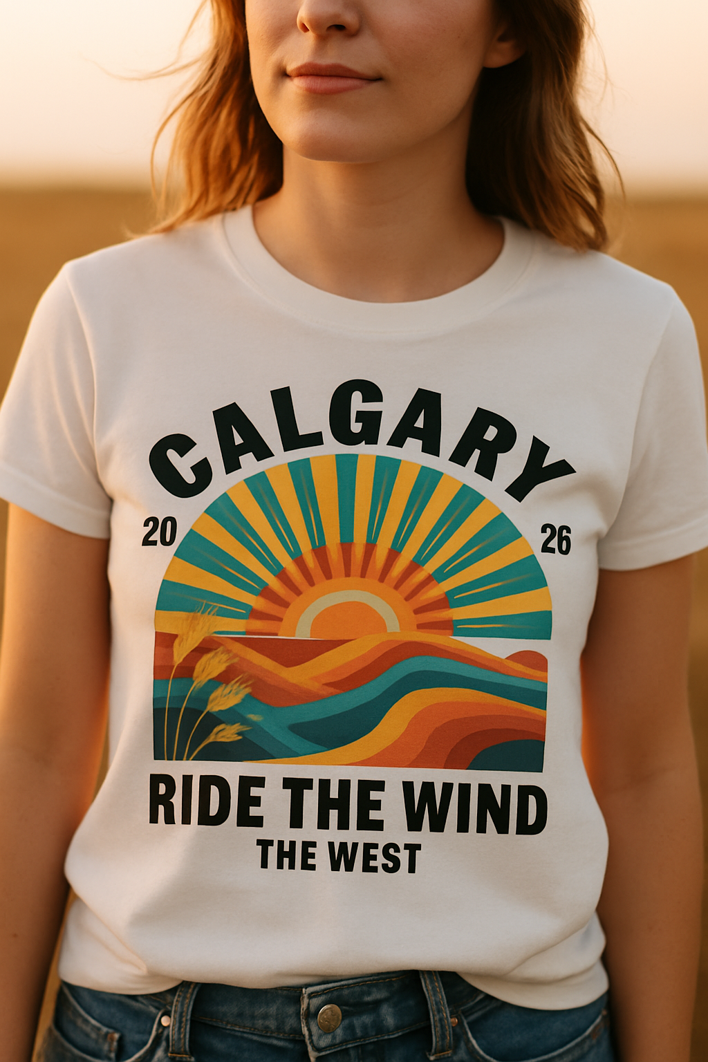 Prairie Sun Calgary 2026 t-shirt — young woman in white tee with geometric prairie sunburst print at golden hour