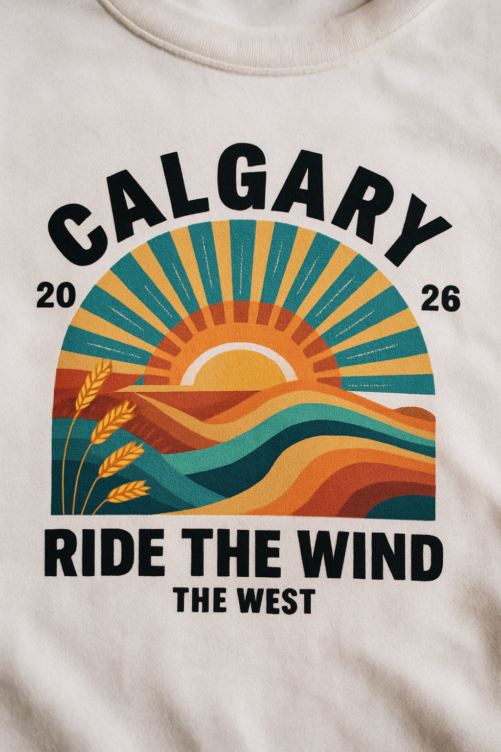 Prairie Sun Calgary 2026 print close-up — geometric sunburst over prairie hills on white cotton, CALGARY 2026 RIDE THE WIND THE WEST