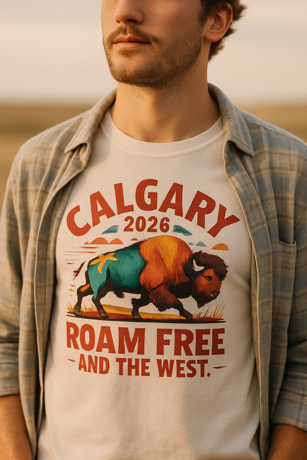 Roam Free Calgary 2026 Bison t-shirt — man in open flannel over white tee with geometric color-block bison print on the prairie