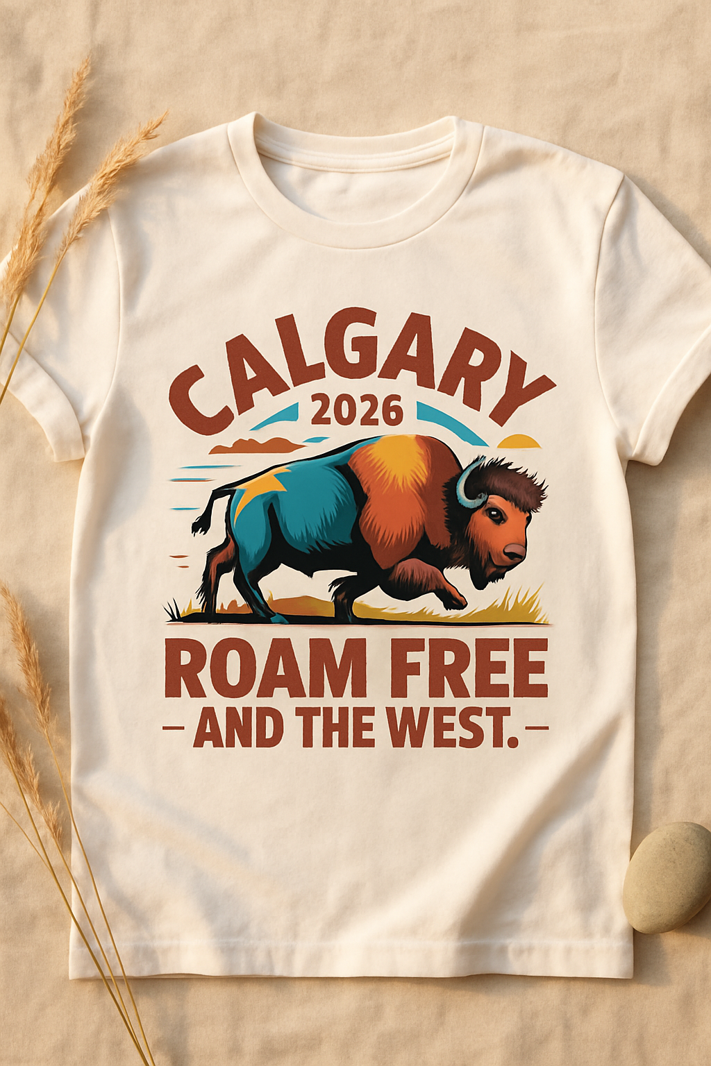 Roam Free Calgary 2026 Bison white t-shirt flat-lay on linen with prairie grass