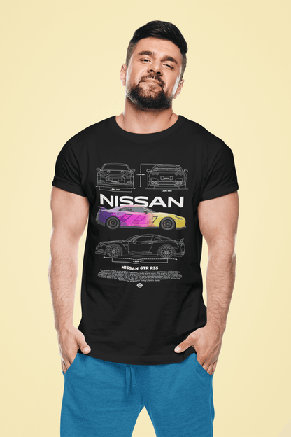 Nissan GT-R R35 Graphic T-Shirt — Neon Photo & Blueprint