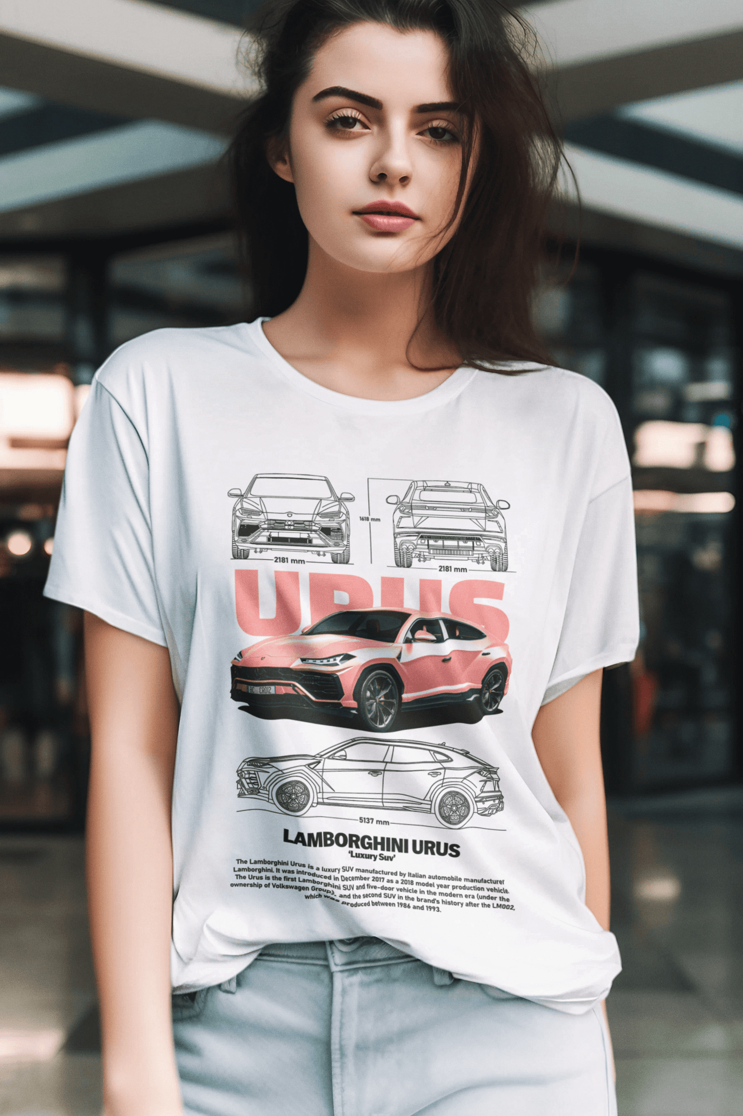 Lamborghini Urus Graphic T-Shirt — Photo & Line Sketch (Coral)