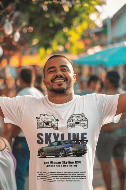 Nissan Skyline R34 Graphic T-Shirt — Skyline Text & Street Car Poster