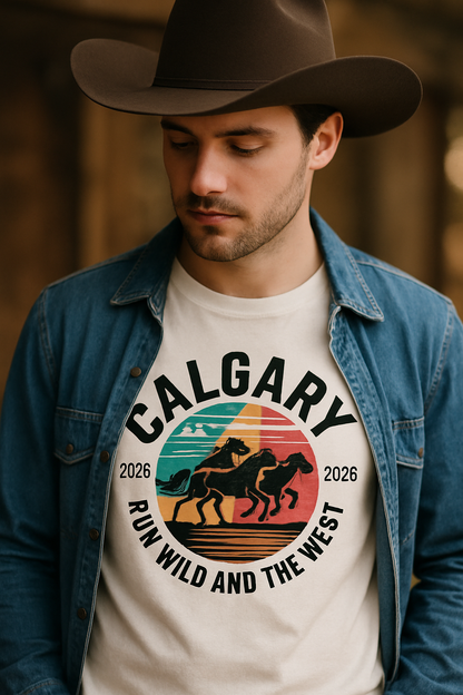 Run Wild Calgary 2026 western graphic t-shirt — male model in cowboy hat and open denim jacket wearing white tee with galloping horses sunset print