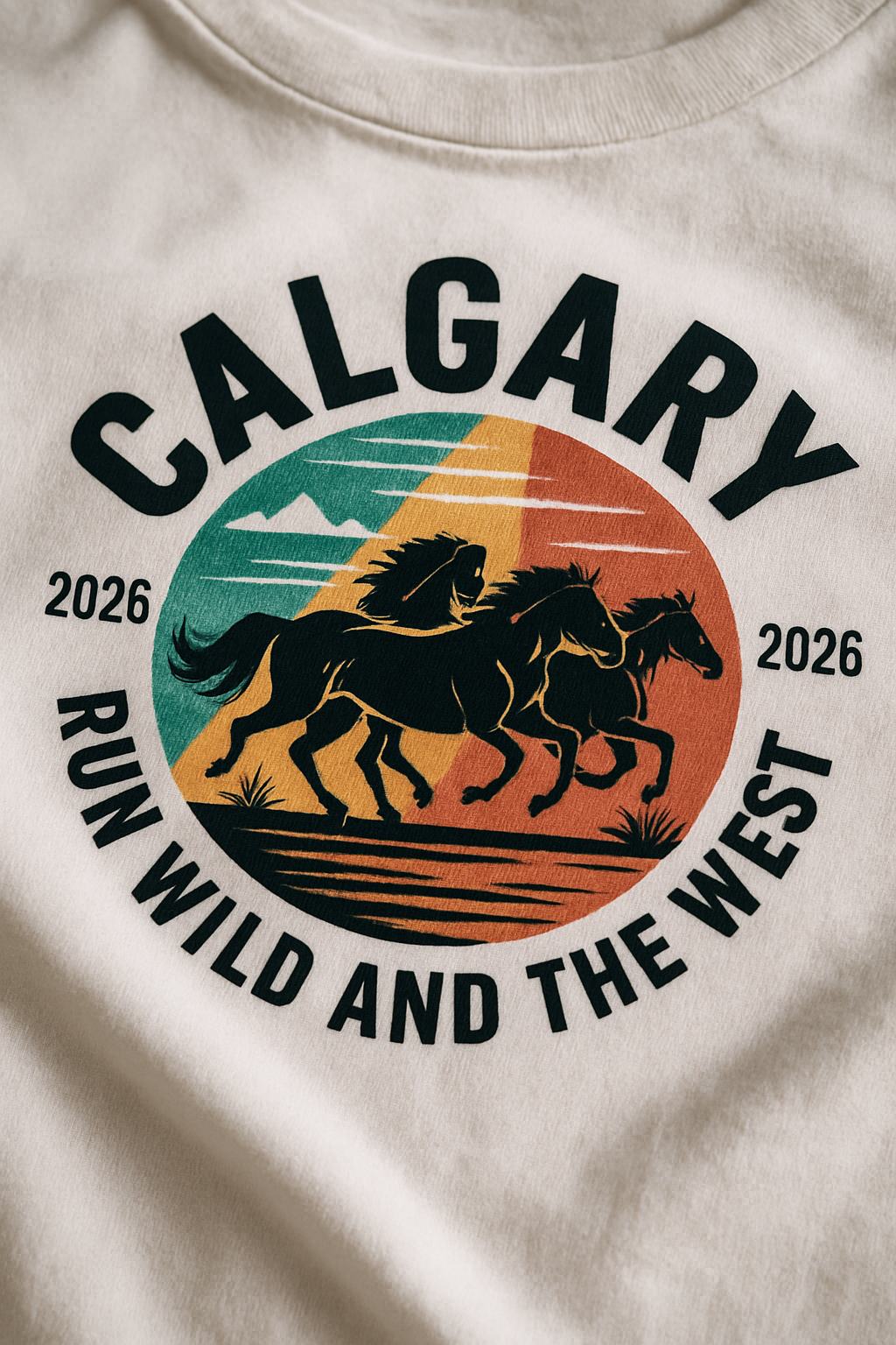 Run Wild Calgary 2026 print close-up — galloping wild horses in a vintage sunset circle on white cotton, CALGARY RUN WILD AND THE WEST