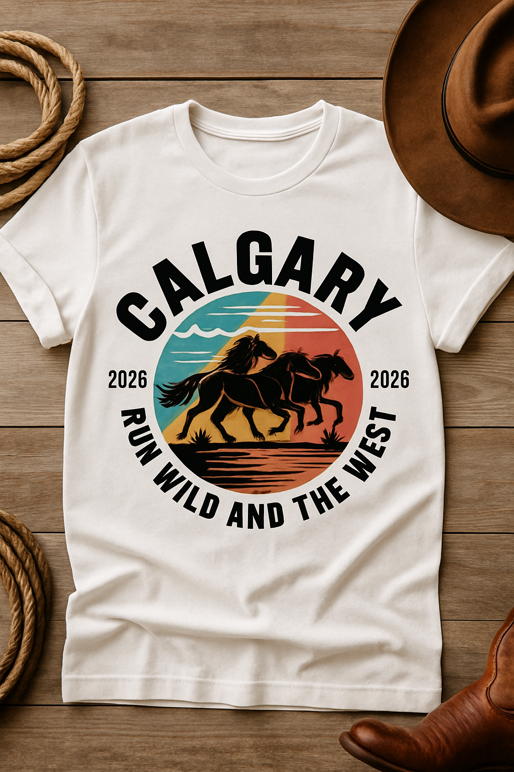 Run Wild Calgary 2026 white t-shirt flat-lay on rustic wood with rope and cowboy hat — Calgary Stampede 2026 horses design