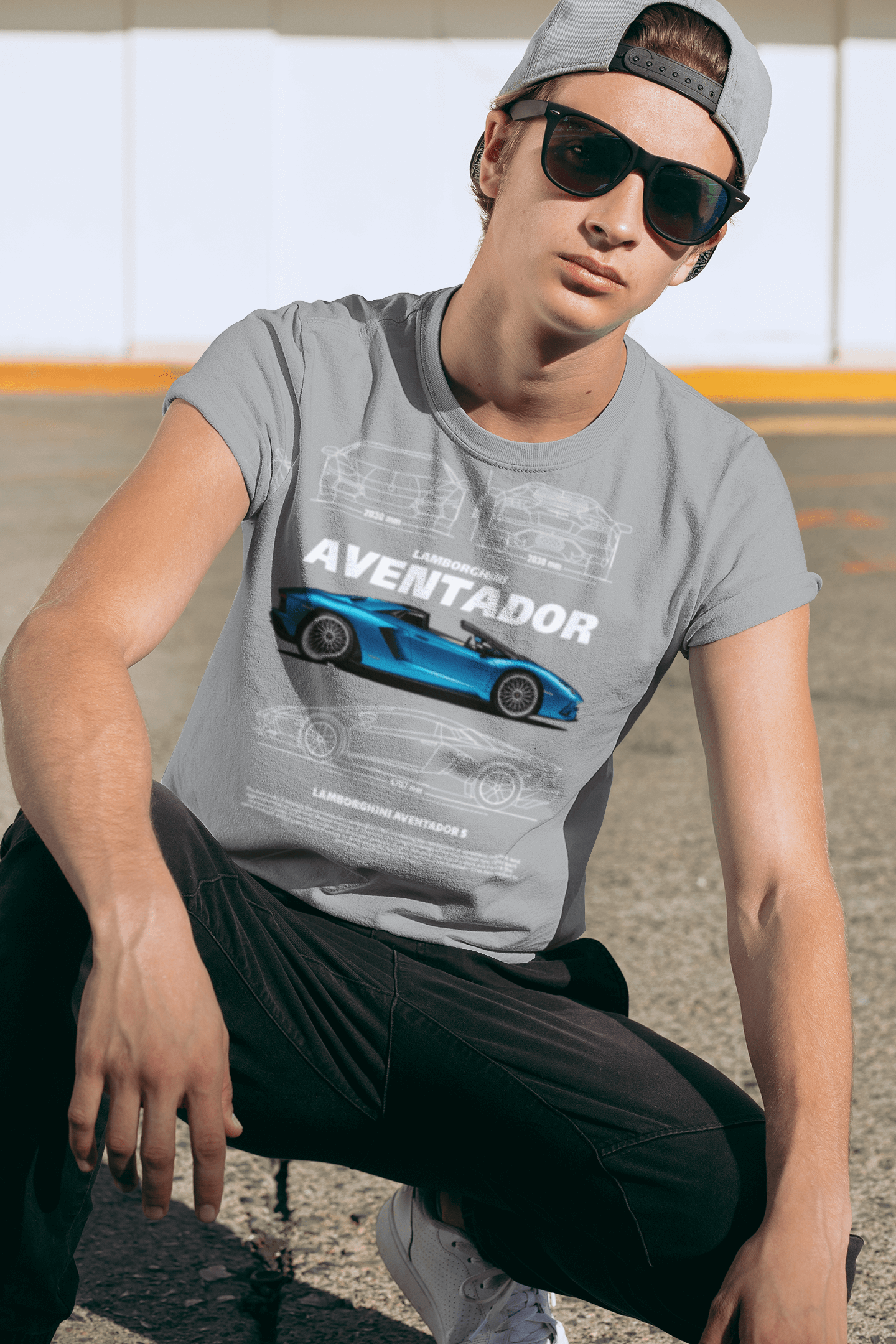 Lamborghini Aventador S Graphic T-Shirt — Photo & Line Sketch (Blue)