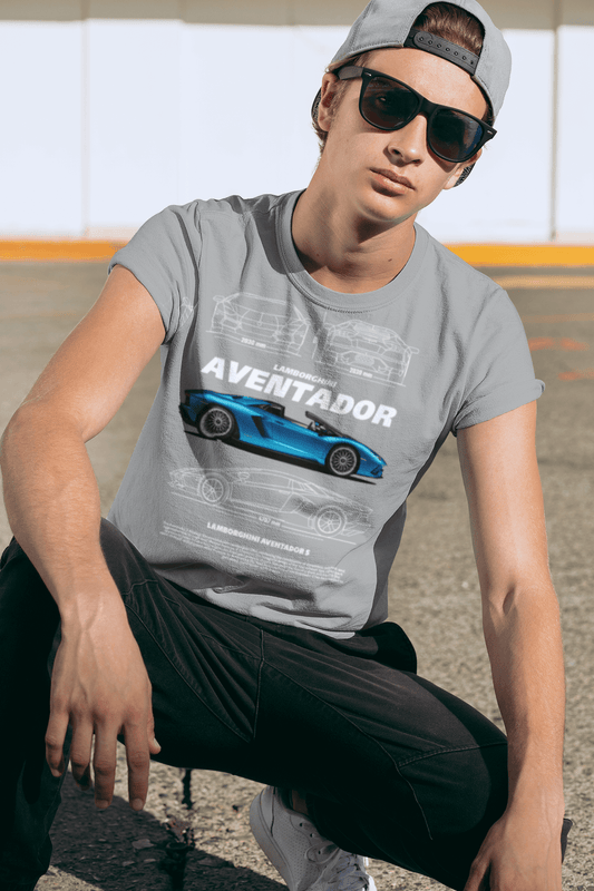 Lamborghini Aventador S Graphic T-Shirt — Photo & Line Sketch (Blue)