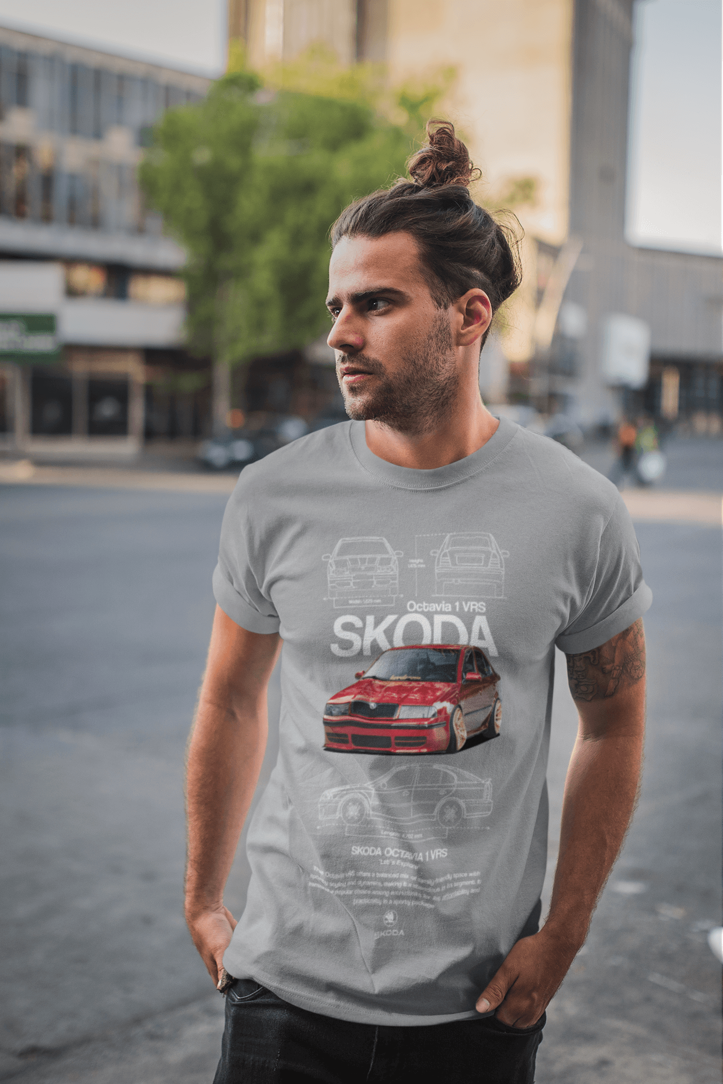 Skoda Octavia 1 vRS graphic tee worn by a man, showcasing a red Skoda Octavia 1 vRS against a blueprint background.
