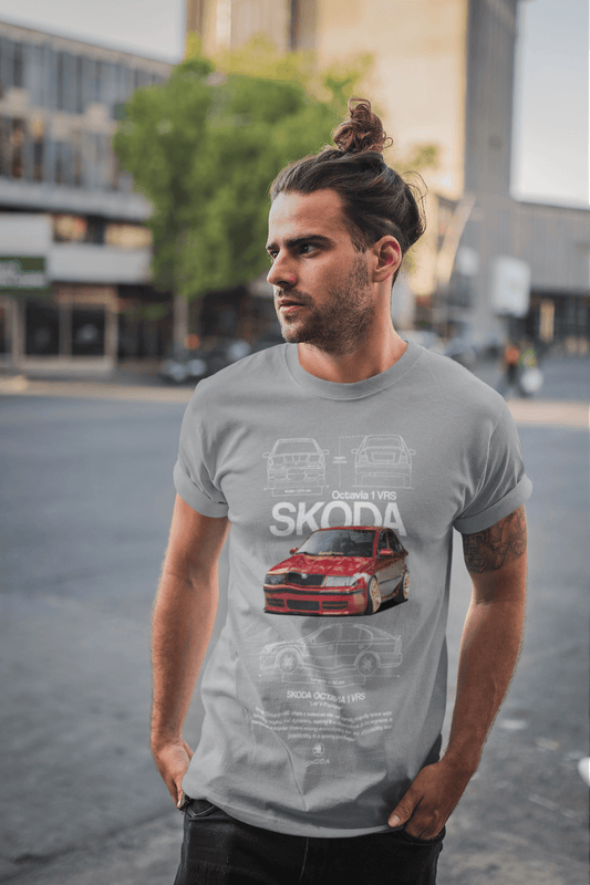 Skoda Octavia 1 vRS graphic tee worn by a man, showcasing a red Skoda Octavia 1 vRS against a blueprint background.