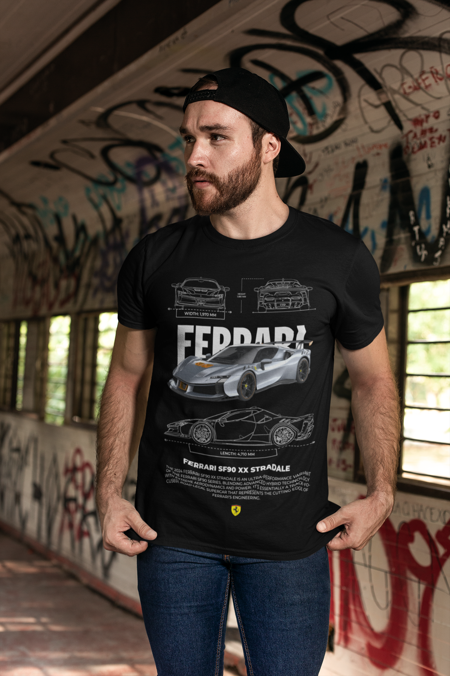 Ferrari SF90 XX Stradale Graphic T-Shirt — Photo & Line Sketch