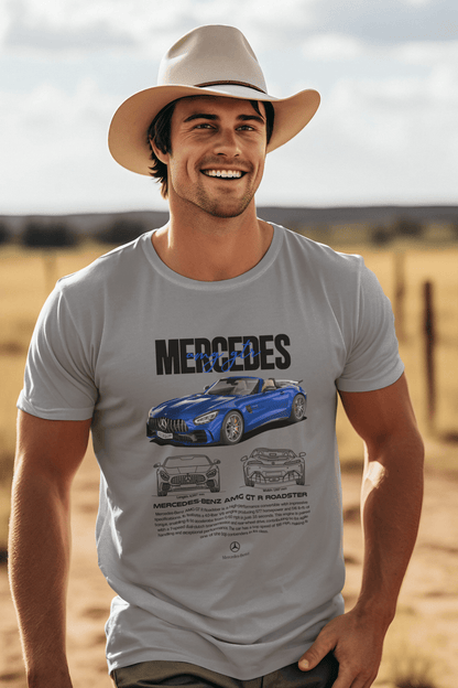 Mercedes-Benz AMG GT R Roadster Graphic T-Shirt — Photo & Line Sketch (Blue)
