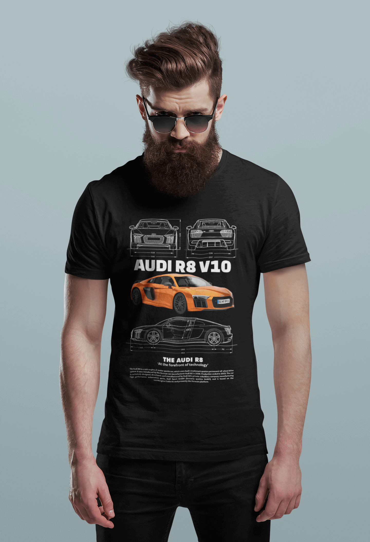 Audi R8 V10 Graphic T‑Shirt — Orange Poster & Blueprint