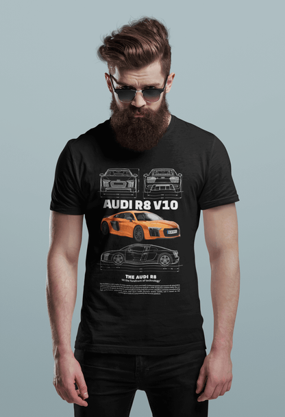 Audi R8 V10 Graphic T‑Shirt — Orange Poster & Blueprint