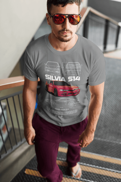Nissan Silvia S14 Graphic T-Shirt — Photo & Line Sketch (Red)
