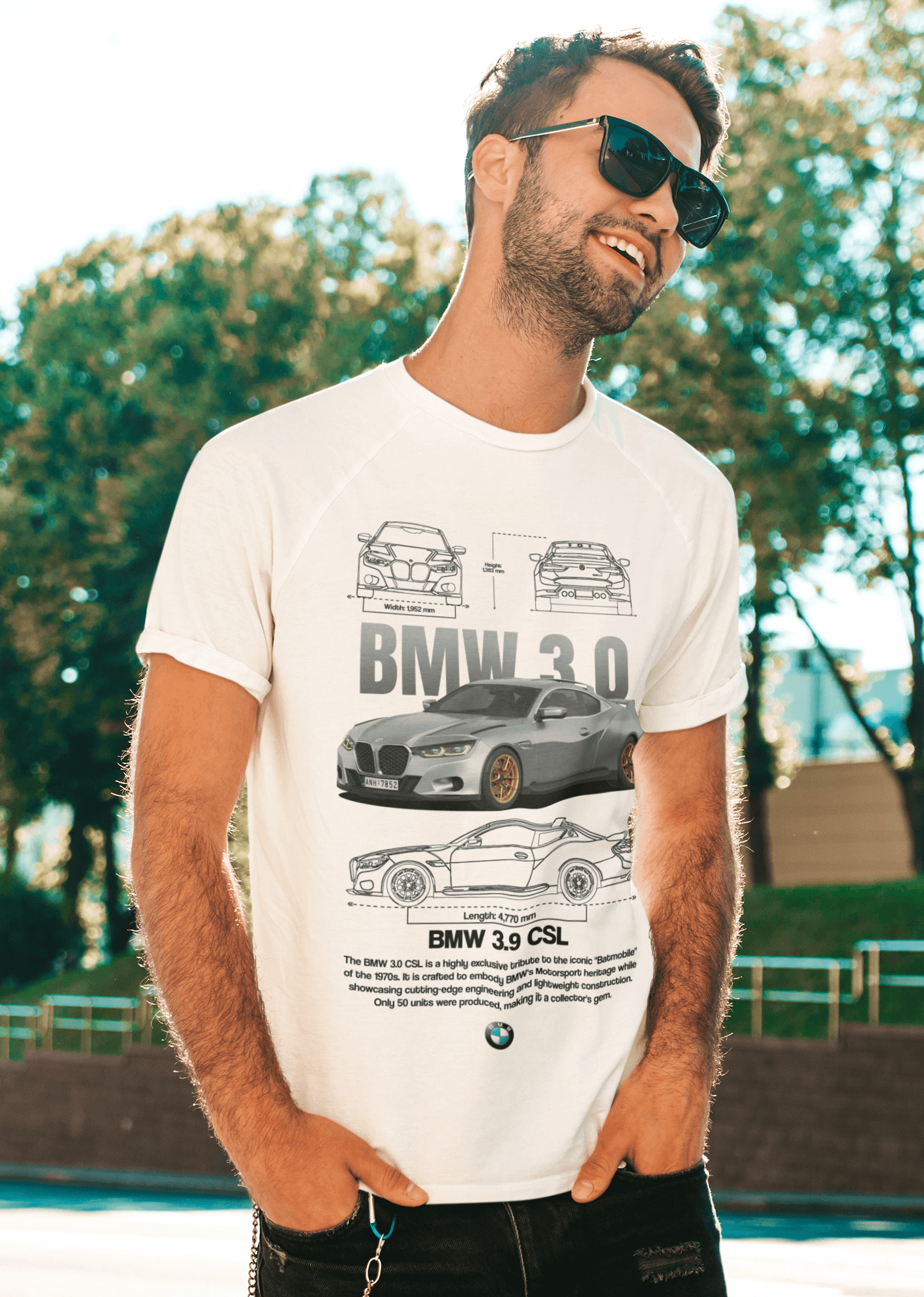 BMW 3.0 CSL Graphic T‑Shirt — Photo & Line Sketch