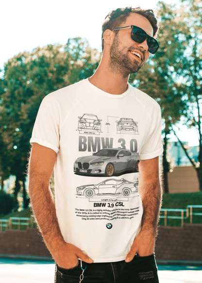 BMW 3.0 CSL Graphic T‑Shirt — Photo & Line Sketch