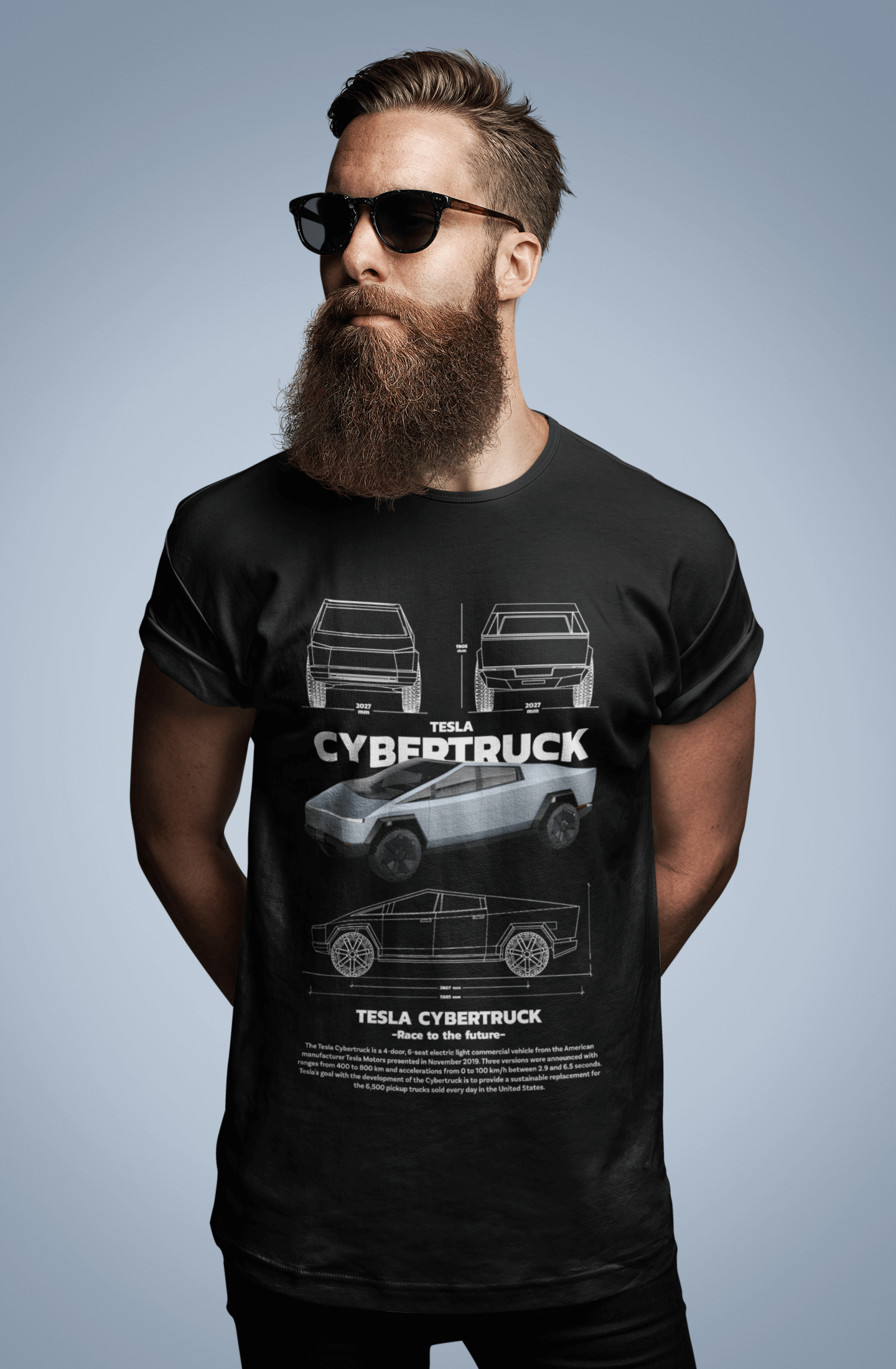 Tesla Cybertruck "Race to the Future" Technical Blueprint Tee - Futuristic EV Graphic T-Shirt