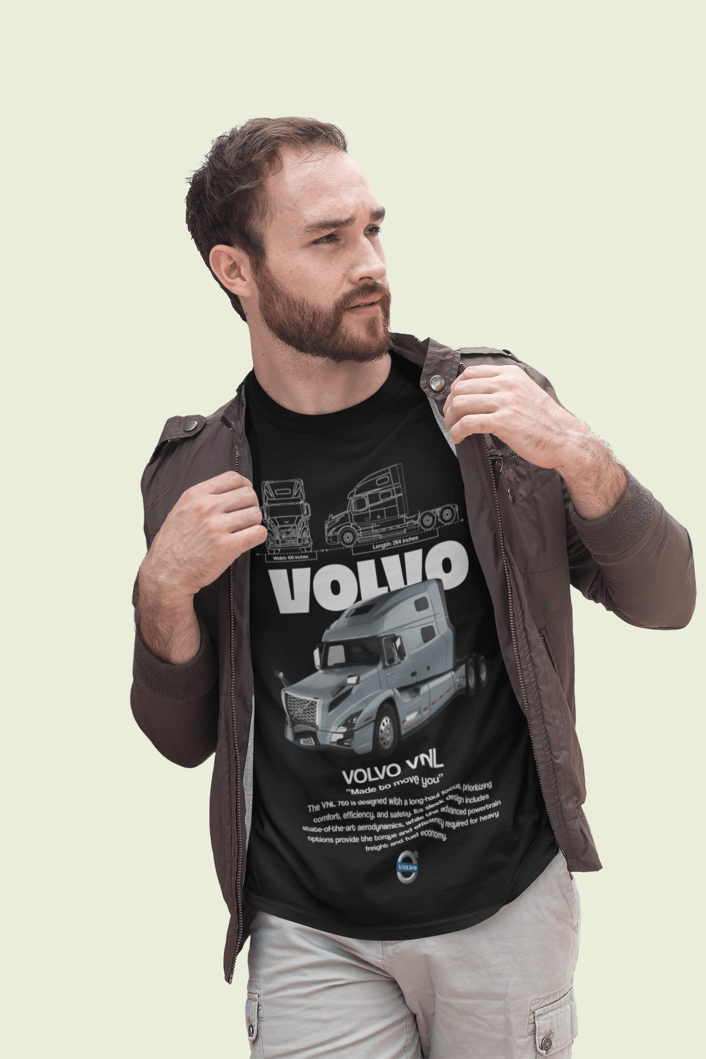  Volvo VNL 760 Graphic T-Shirt worn by a man, featuring truck graphics and unisex design on a light background.