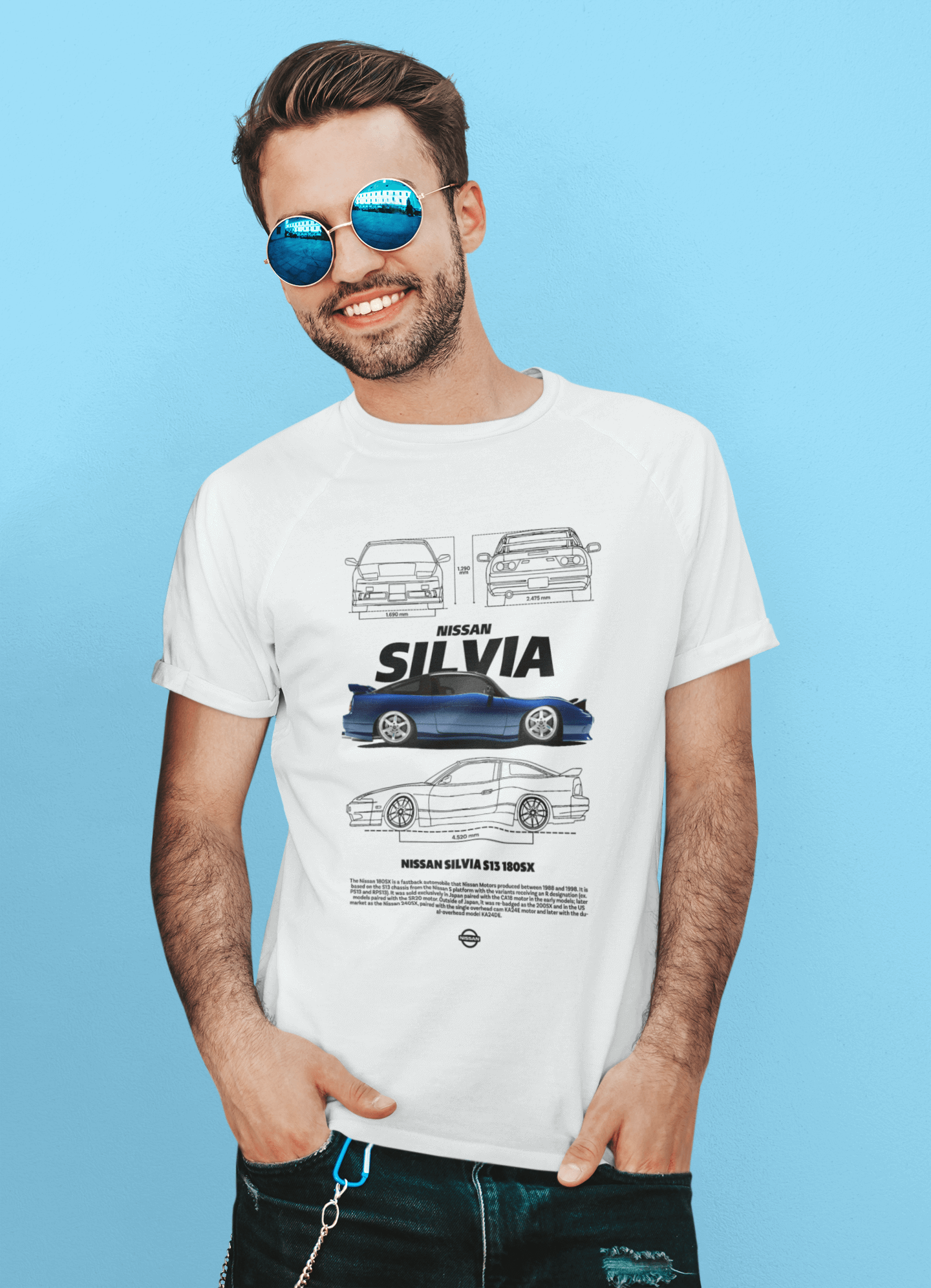 Nissan Silvia S13 180SX Graphic T-Shirt — Blue Drift Hatch Blueprint