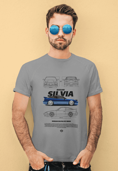 Nissan Silvia S13 180SX Graphic T-Shirt — Blue Drift Hatch Blueprint