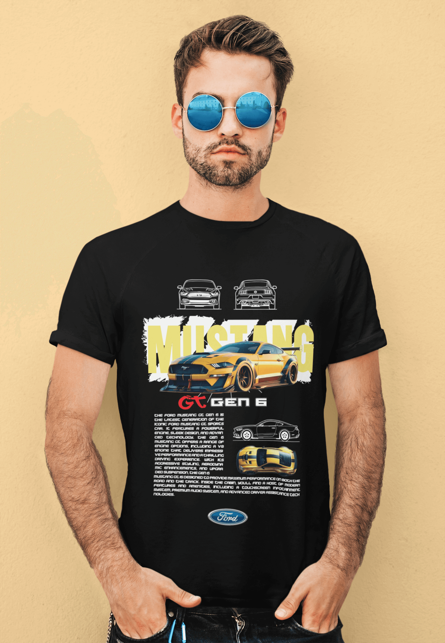 Ford Mustang GT (Gen 6) Graphic T-Shirt — Photo & Line Sketch