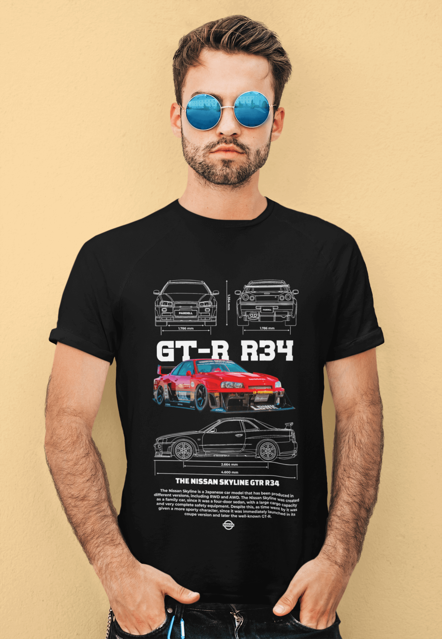 Nissan Skyline GT-R R34 Graphic T-Shirt — Blueprint & Race Car Poster