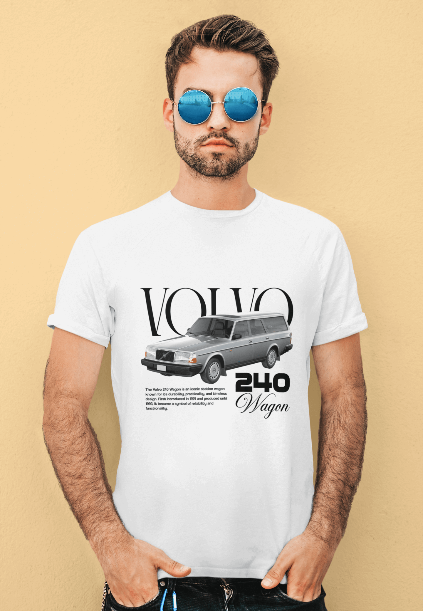 Volvo 240 Wagon Graphic T-Shirt — Classic Swedish Brick worn by a man against a yellow background.