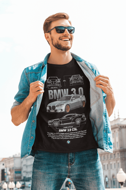 BMW 3.0 CSL Graphic T‑Shirt — Photo & Line Sketch