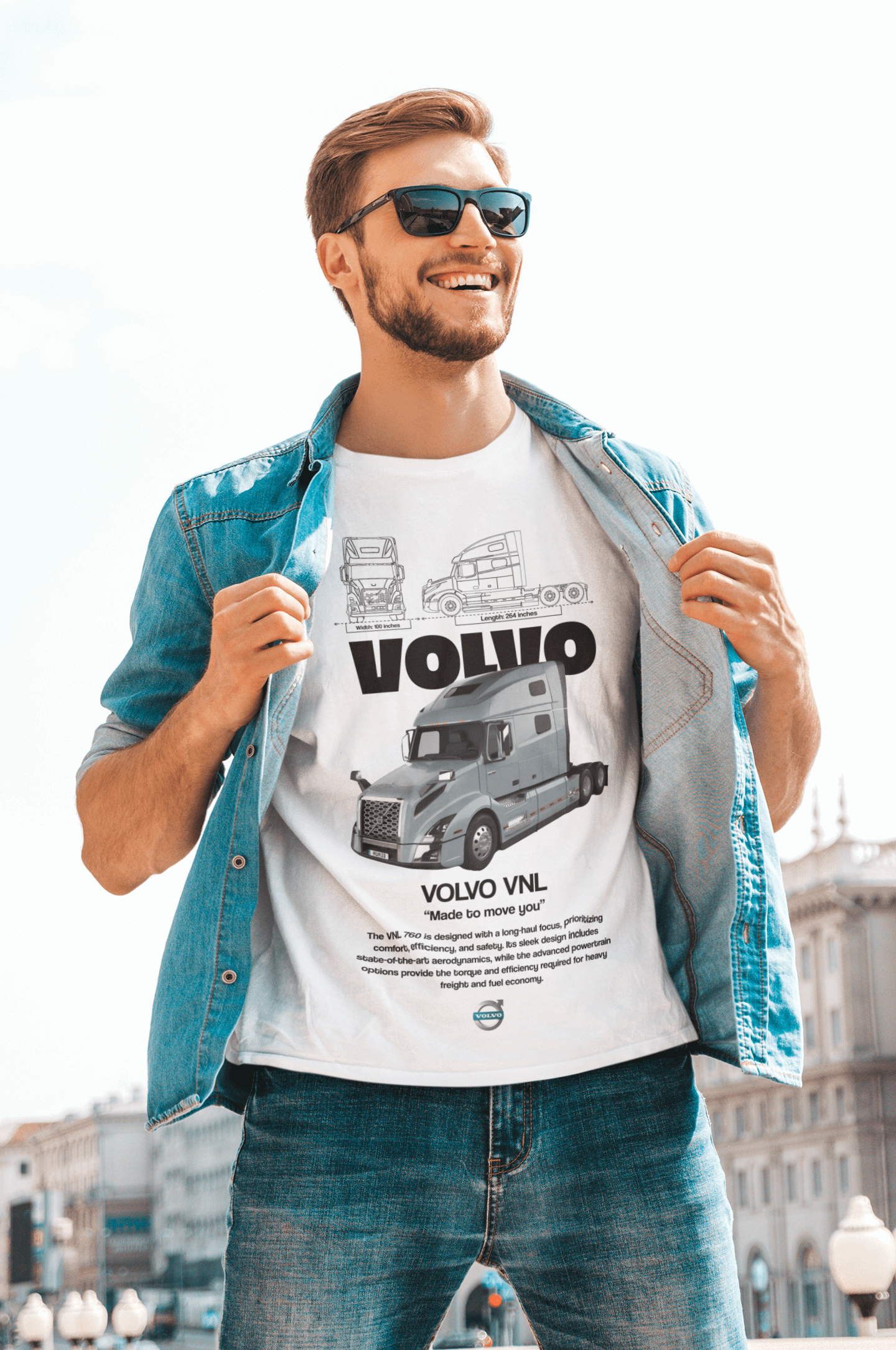  Volvo VNL 760 Graphic T-Shirt worn by a man, featuring truck graphics and unisex design on a light background.