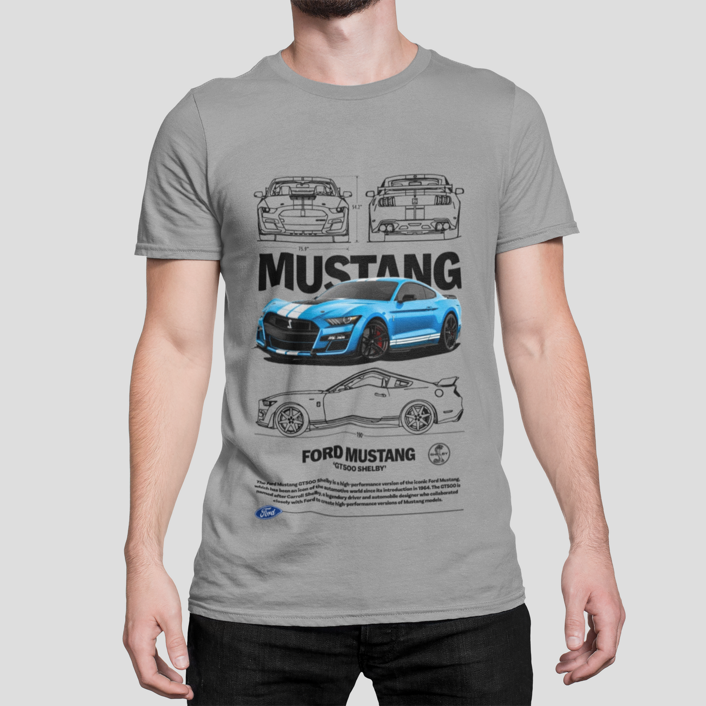 Ford Mustang GT500 Graphic T‑Shirt — Photo & Line Sketch