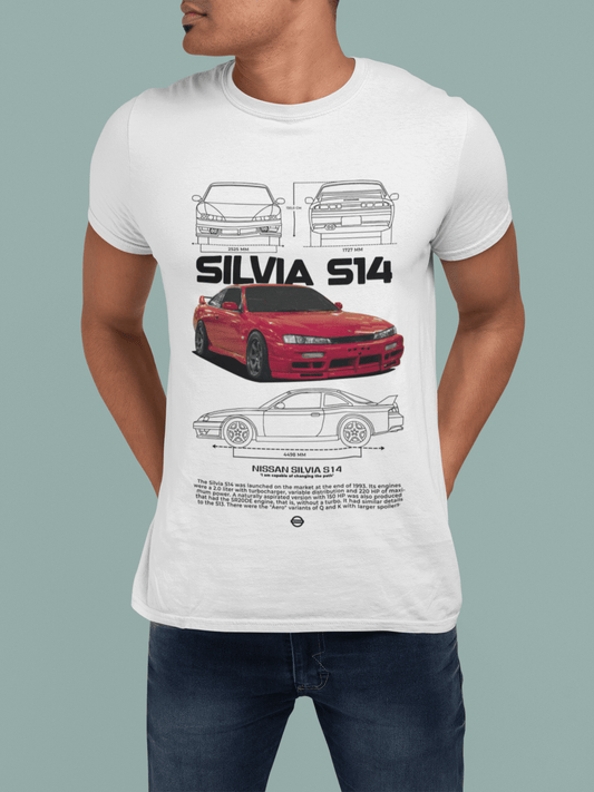 Nissan Silvia S14 Graphic T-Shirt — Photo & Line Sketch (Red)