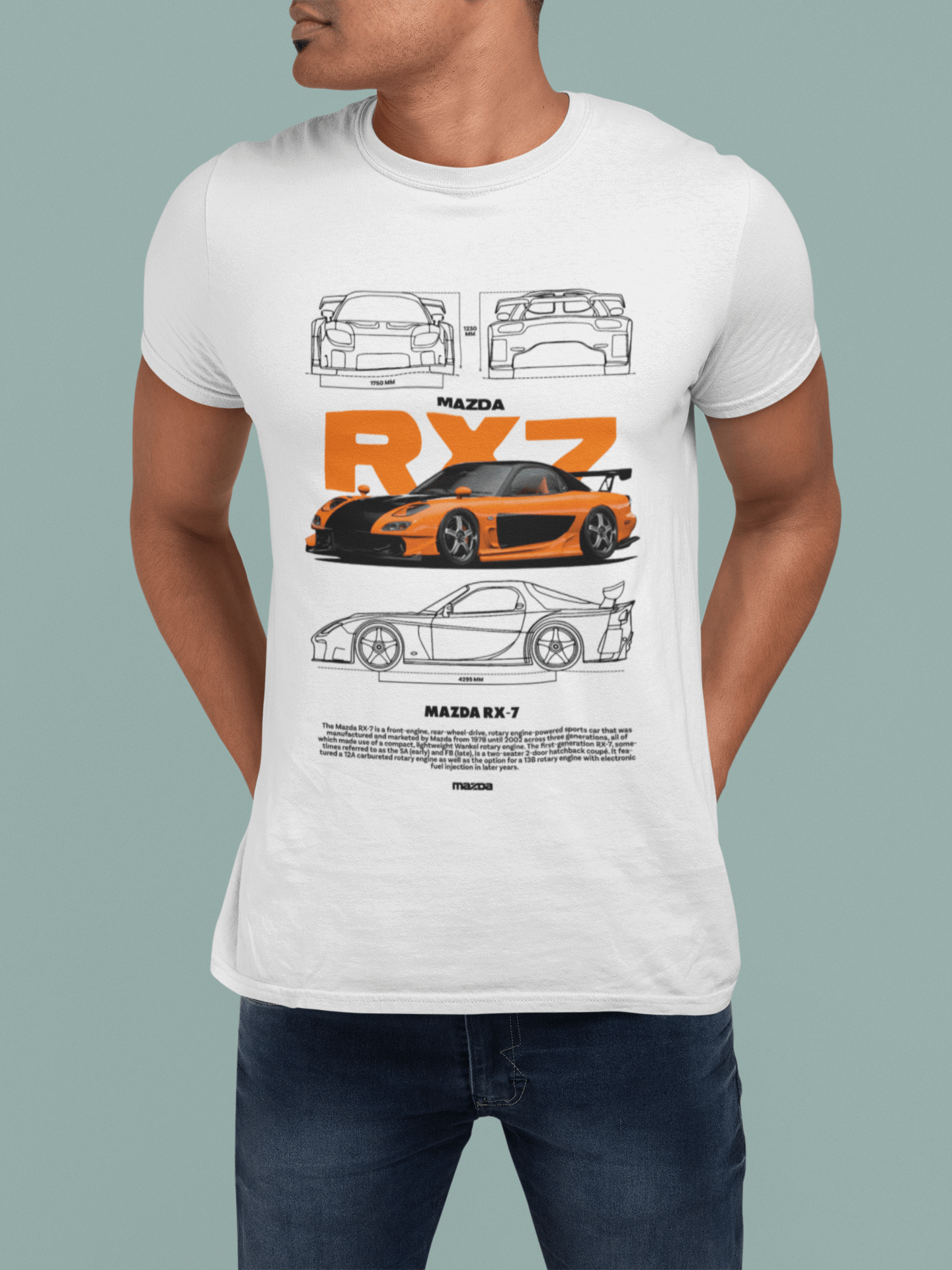 Mazda RX-7 Graphic T-Shirt — Photo & Line Sketch (Orange)