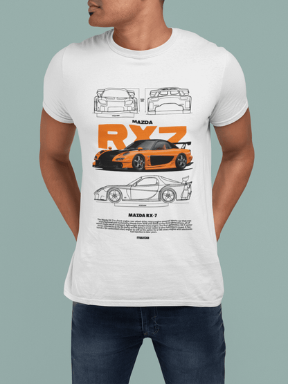 Mazda RX-7 Graphic T-Shirt — Photo & Line Sketch (Orange)