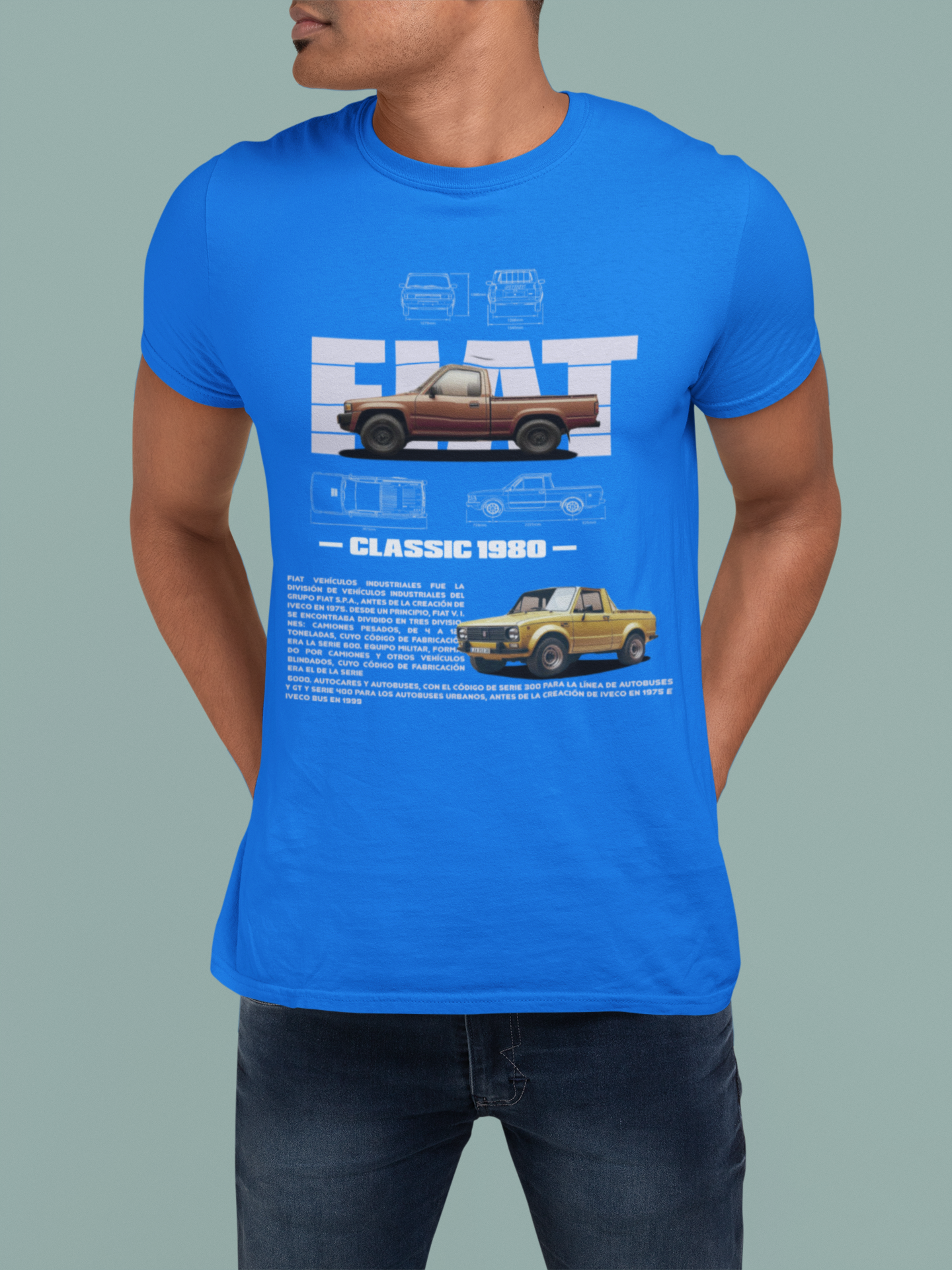 Fiat Classic 1980 Pickup Graphic T-Shirt — Photo & Line Sketch
