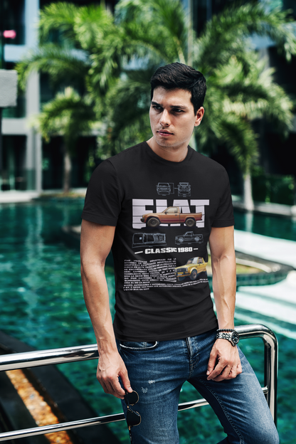 Fiat Classic 1980 Pickup Graphic T-Shirt — Photo & Line Sketch