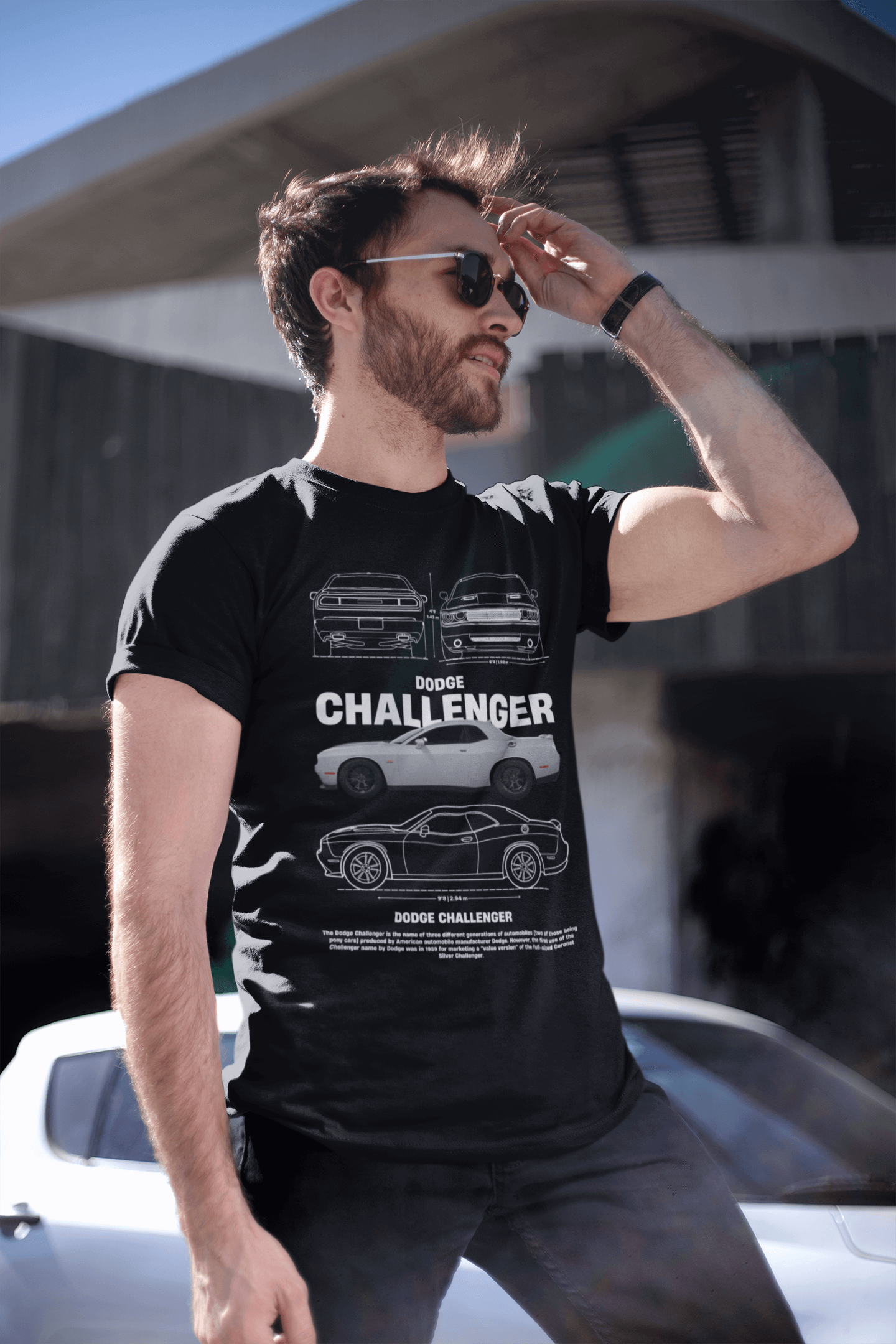 Dodge Challenger Graphic T‑Shirt — Photo & Line Sketch