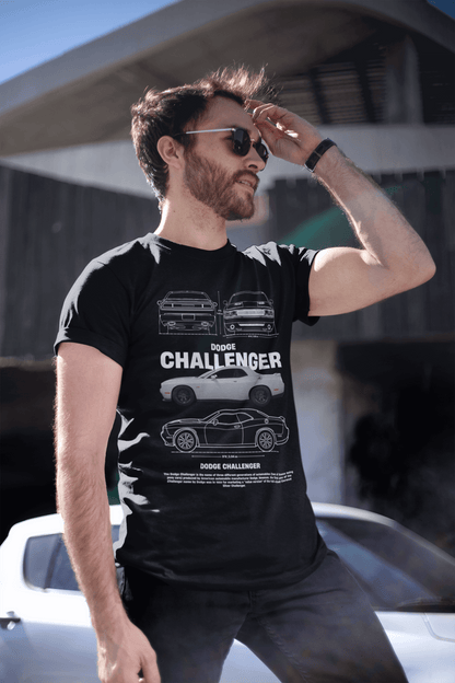 Dodge Challenger Graphic T‑Shirt — Photo & Line Sketch