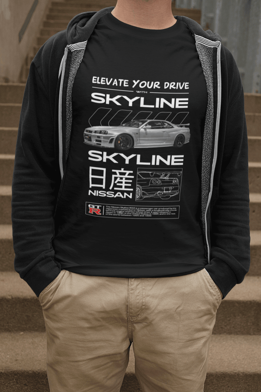 Nissan Skyline GT-R (R34) Graphic T-Shirt — Photo & Line Sketch