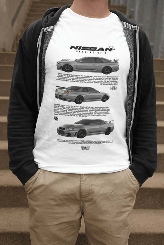 Nissan Skyline GT-R R34 Graphic T-Shirt — Triple View Poster Design