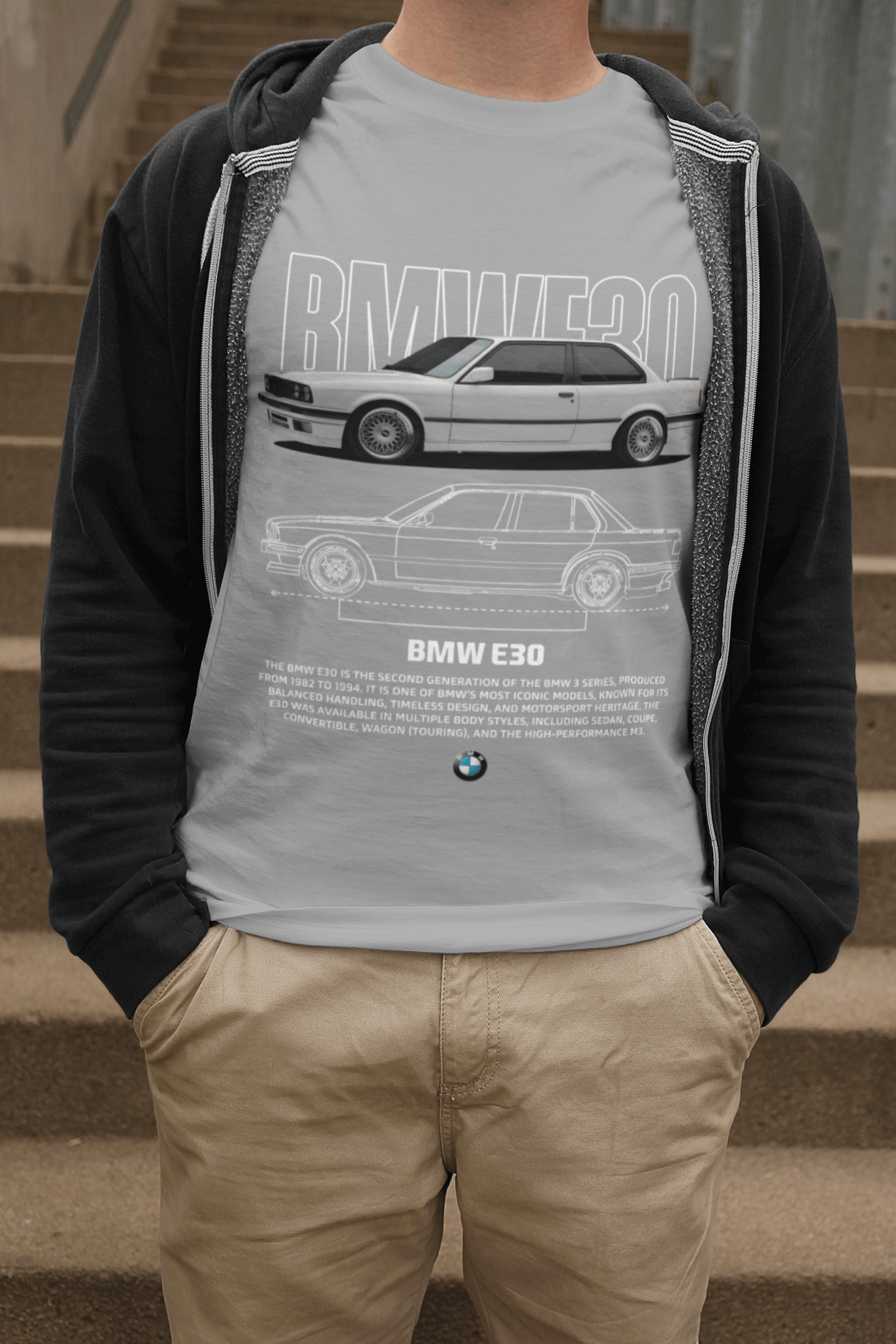 T-shirt graphique personnalisé BMW E30 Heritage - T-shirt technique personnalisé « Parrain de la M » 