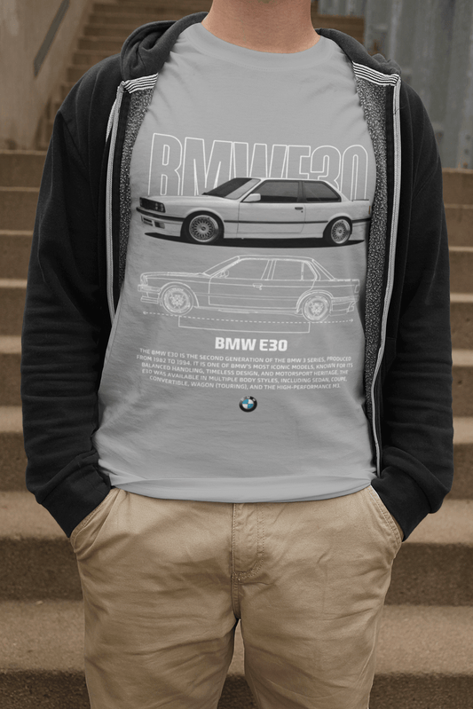 BMW E30 Graphic T‑Shirt - Photo & Line Sketch