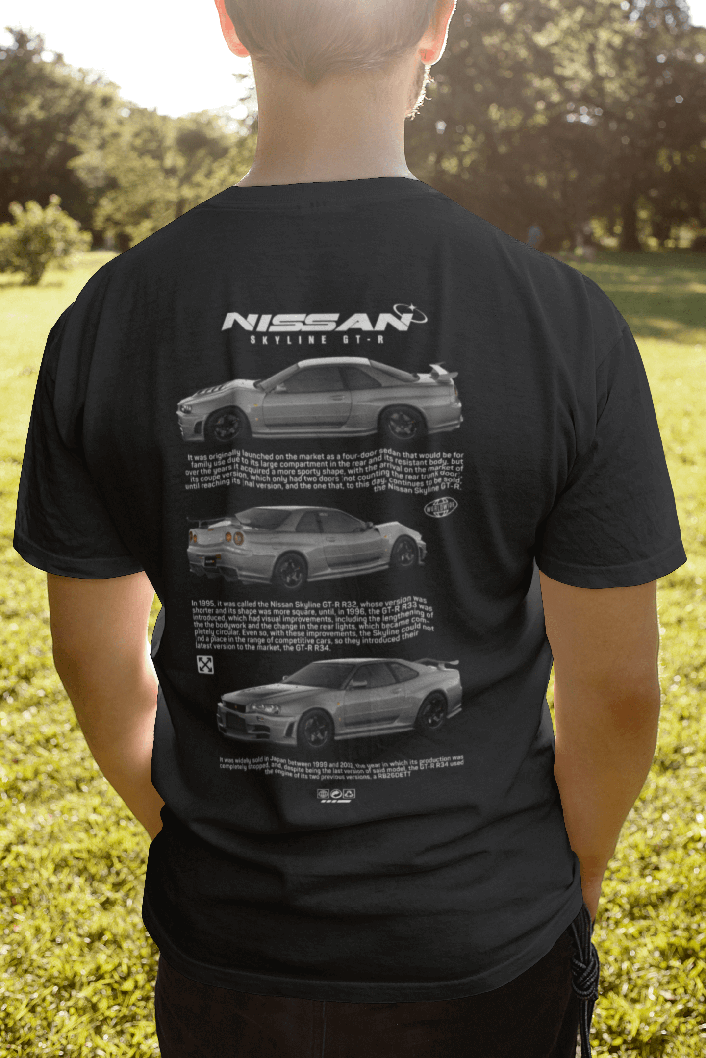 Nissan Skyline GT-R R34 Graphic T-Shirt — Triple View Poster Design