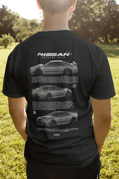 Nissan Skyline GT-R R34 Graphic T-Shirt — Triple View Poster Design