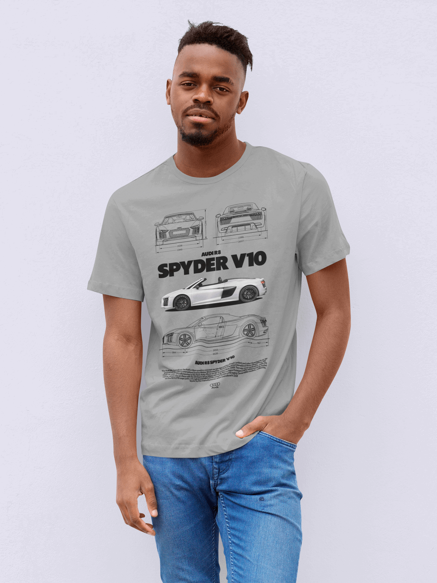 Audi R8 Spyder V10 Graphic T‑Shirt — Photo & Line Diagram
