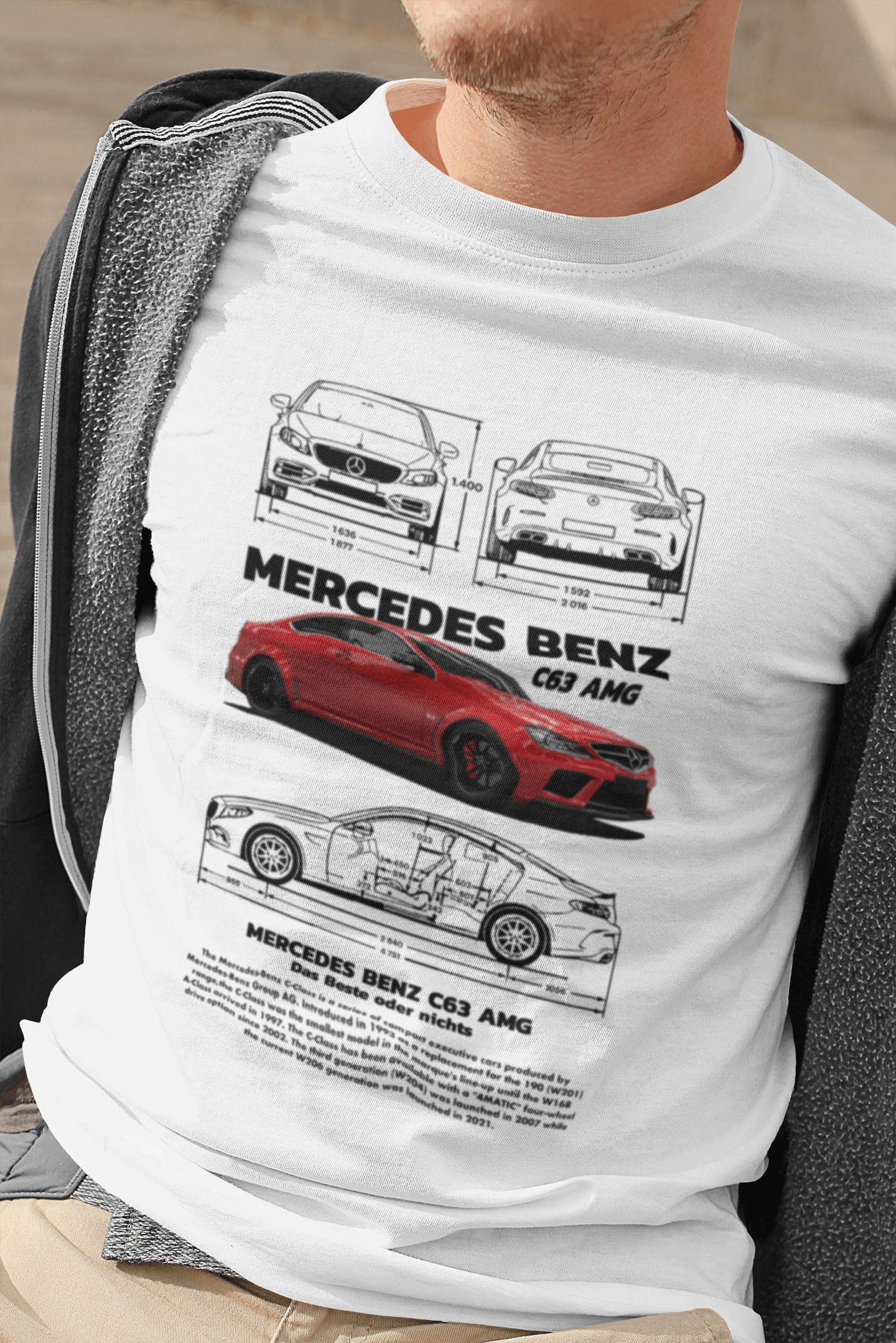 Mercedes‑Benz C63 AMG Graphic T‑Shirt — Photo & Line Sketch