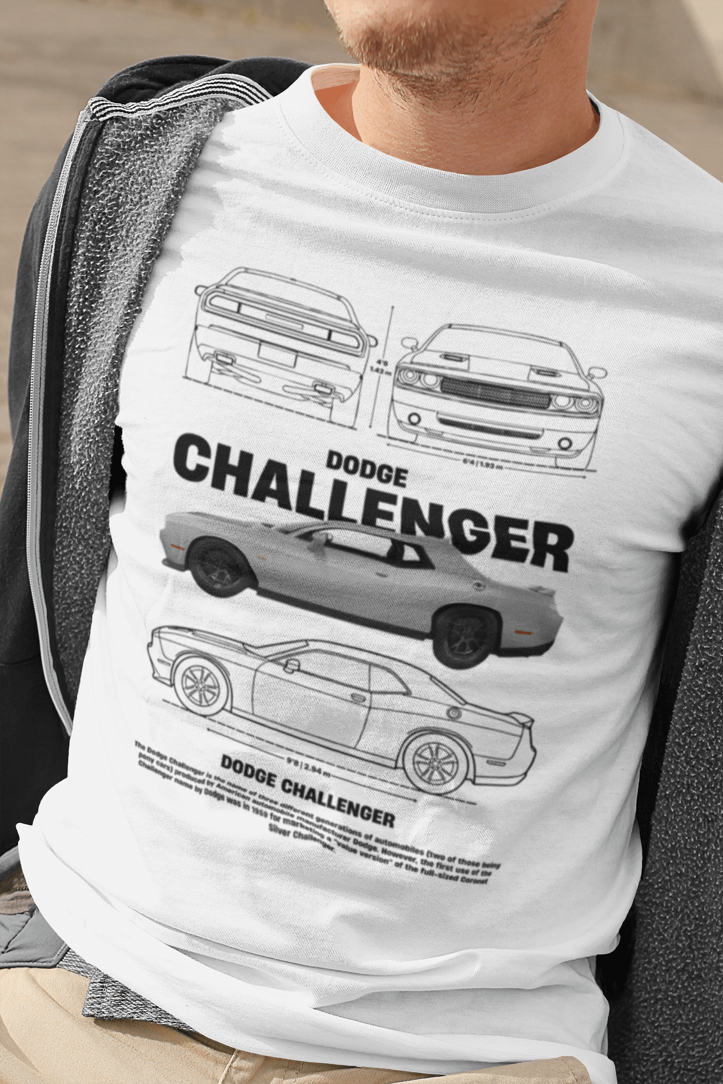 Dodge Challenger Graphic T‑Shirt — Photo & Line Sketch